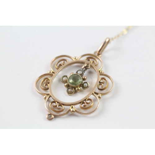 14 - 9ct gold vintage green gemstone & seed pearl pendant necklace