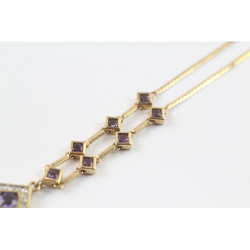 140 - 9ct gold amethyst and diamond set necklace