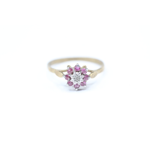 143 - 9ct gold ruby and diamond cluster ring (1.3g) Size N