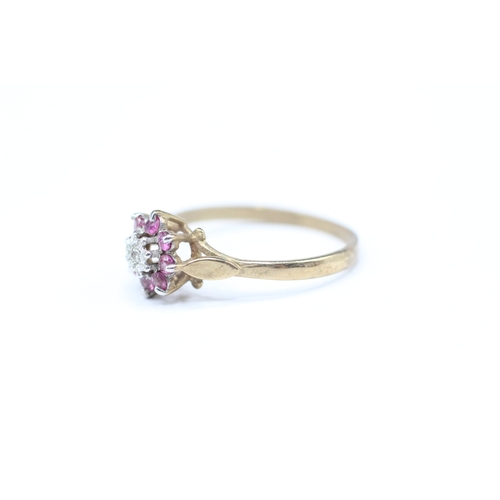 143 - 9ct gold ruby and diamond cluster ring (1.3g) Size N