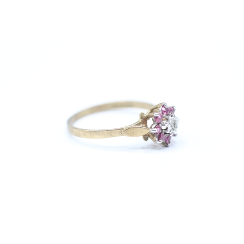 143 - 9ct gold ruby and diamond cluster ring (1.3g) Size N