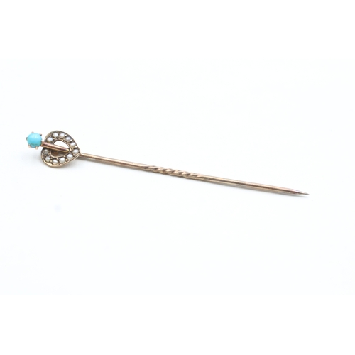 171 - 9ct gold head turquoise and seed pearl heart pin on non gold pin (1.1g)