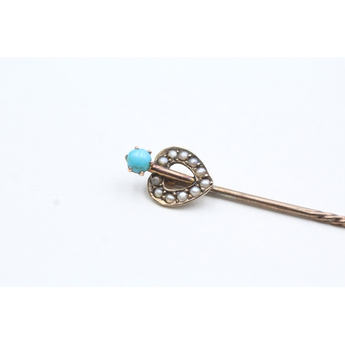 171 - 9ct gold head turquoise and seed pearl heart pin on non gold pin (1.1g)