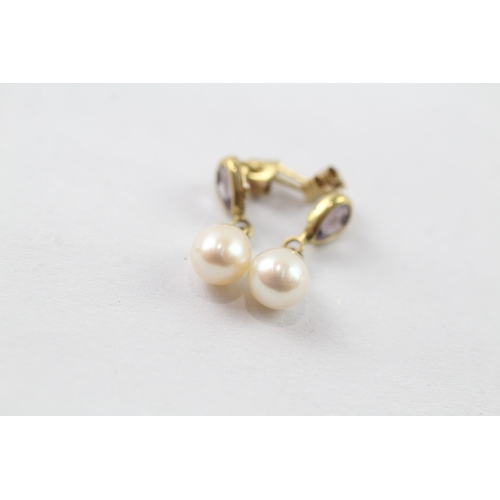 177 - 2x 9ct gold cultured pearl & amethyst earrings