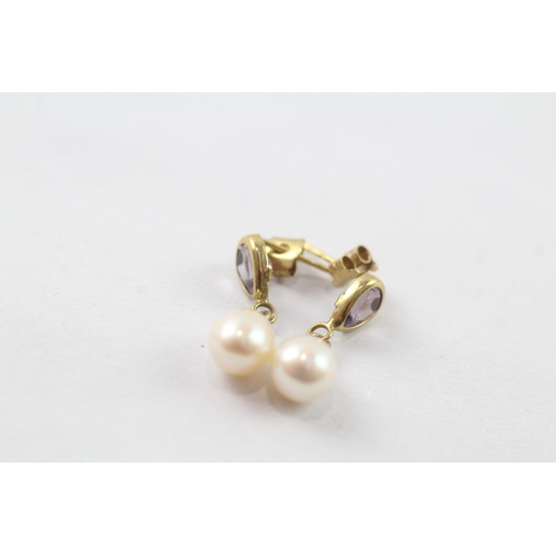 177 - 2x 9ct gold cultured pearl & amethyst earrings