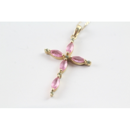 14ct gold pink sapphire & green gemstone cross pendant necklace with a 9ct gold chain