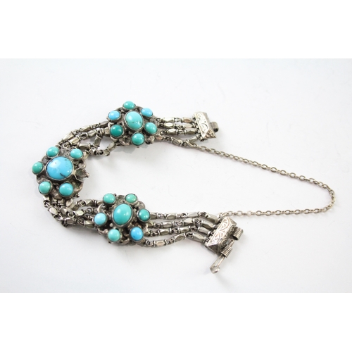 292 - Vintage Silver Turquoise Station Multi Strand Bracelet 23g