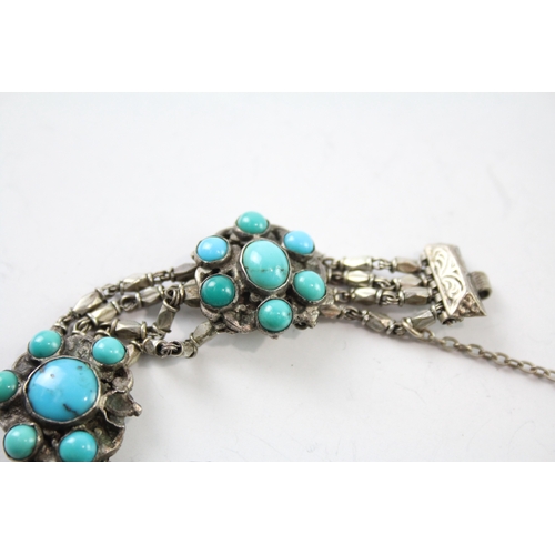 292 - Vintage Silver Turquoise Station Multi Strand Bracelet 23g