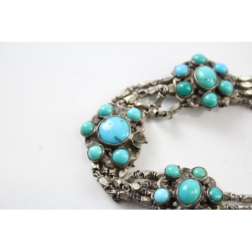 292 - Vintage Silver Turquoise Station Multi Strand Bracelet 23g