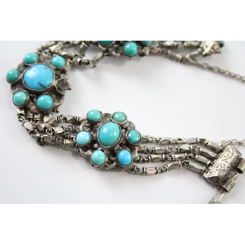 292 - Vintage Silver Turquoise Station Multi Strand Bracelet 23g