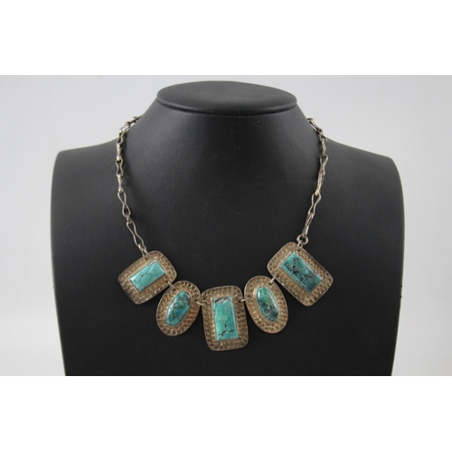 295 - Sterling Silver Turquoise Necklace w/ Hammered Frames 35g