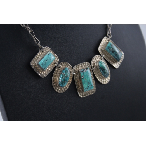 295 - Sterling Silver Turquoise Necklace w/ Hammered Frames 35g