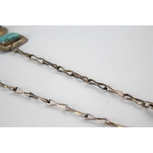 295 - Sterling Silver Turquoise Necklace w/ Hammered Frames 35g