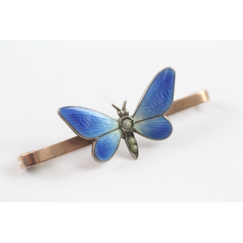 3 - 9ct gold and sterling silver seed pearl and enamel butterfly bar brooch