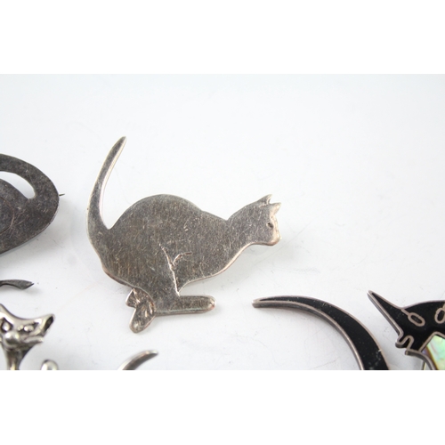 302 - Collection of Sterling Silver Animal Brooches inc. Cats, Birds, Abalone x 5 33g