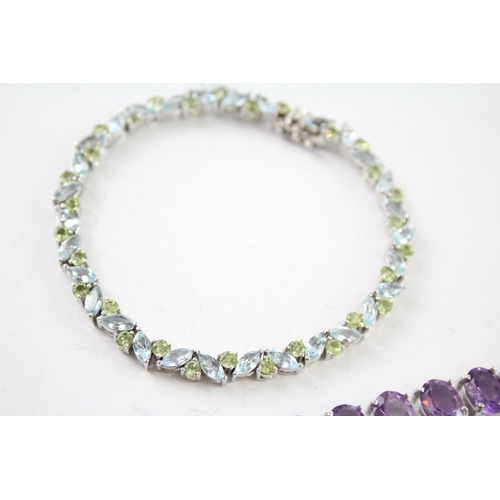 307 - Collection of Sterling Silver Gemstone Tennis Bracelets inc. Peridot x 3 57g