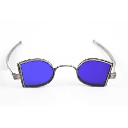 343 - Antique Georgian .925 Sterling Silver 'Quad' Sunglasses w/ Blue Lenses (42g)