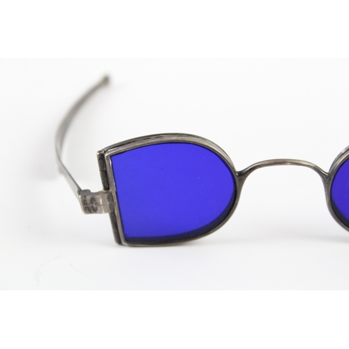 343 - Antique Georgian .925 Sterling Silver 'Quad' Sunglasses w/ Blue Lenses (42g)