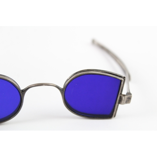 343 - Antique Georgian .925 Sterling Silver 'Quad' Sunglasses w/ Blue Lenses (42g)