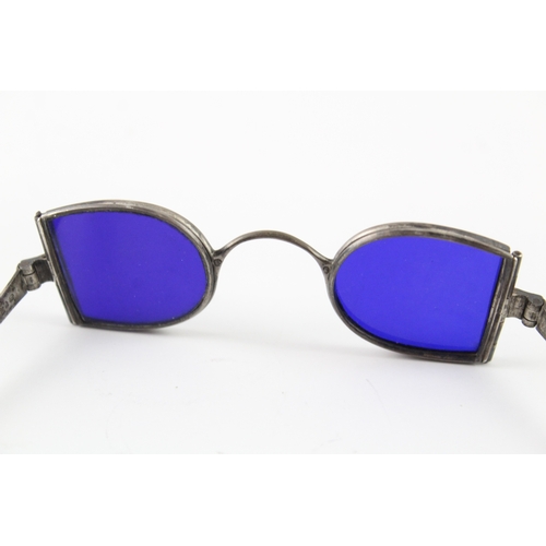 343 - Antique Georgian .925 Sterling Silver 'Quad' Sunglasses w/ Blue Lenses (42g)