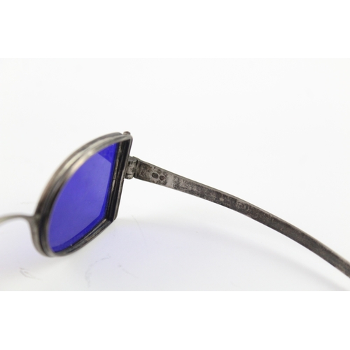 343 - Antique Georgian .925 Sterling Silver 'Quad' Sunglasses w/ Blue Lenses (42g)