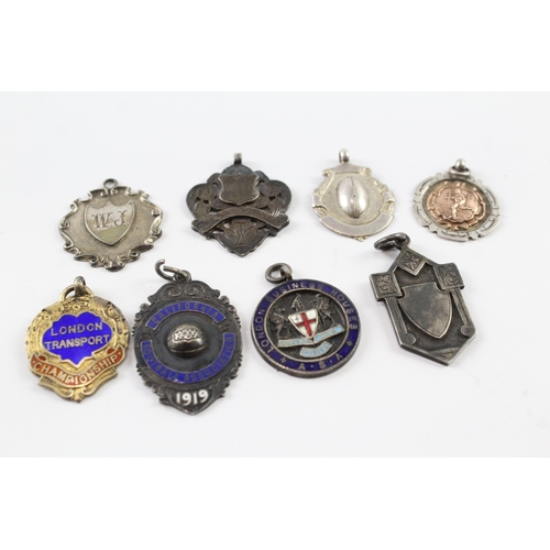 349 - 8 x Antique / Vintage .925 Sterling Silver Fobs / Medallions Inc Enamel Etc 63g