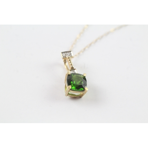 35 - 9ct gold faceted green gemstone & diamond pendant necklace