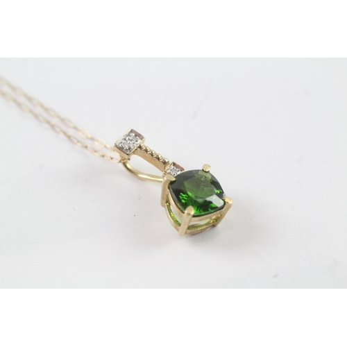 35 - 9ct gold faceted green gemstone & diamond pendant necklace