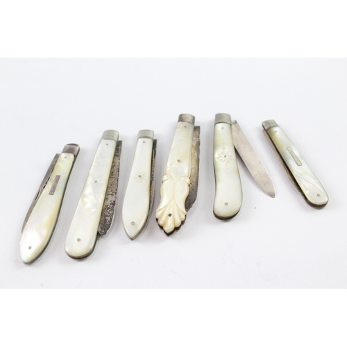 358 - 6 x Antique .925 Sterling Silver Mother of Pearl Fruit / Pocket Knives (118g)