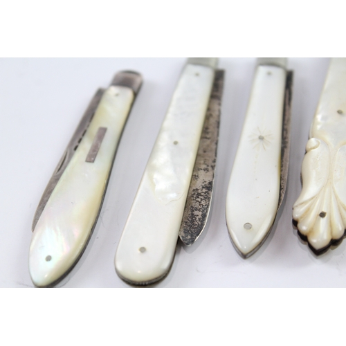 358 - 6 x Antique .925 Sterling Silver Mother of Pearl Fruit / Pocket Knives (118g)