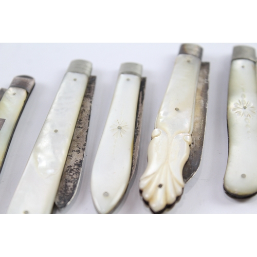 358 - 6 x Antique .925 Sterling Silver Mother of Pearl Fruit / Pocket Knives (118g)