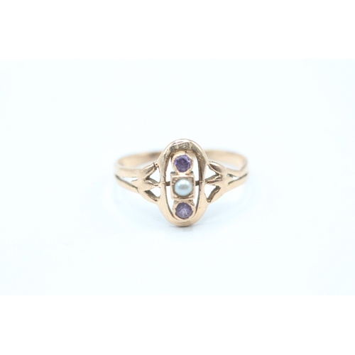 38 - 9ct rose gold vintage amethyst & seed pearl dress ring (1.4g) Size L