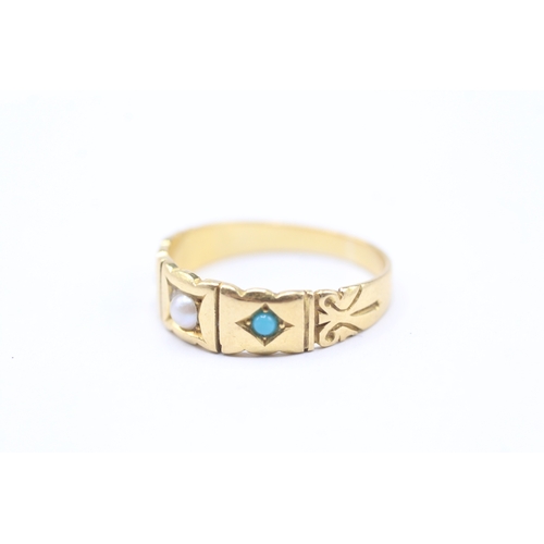 40 - 18ct gold vintage turquoise & seed pearl ring (3.6g) Size P