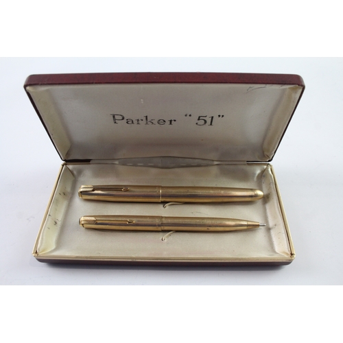 436 - Vintage Parker 51 Gold Plated Fountain Pen 14ct Gold Nib WRITING Boxed