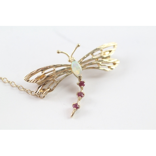 44 - 9ct gold opal and ruby dragonfly brooch