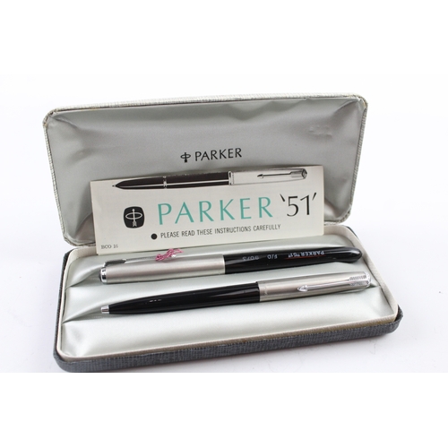 446 - Vintage Parker 51 Black Fountain Pen 14ct Gold Nib WRITING Boxed Chalk Mark