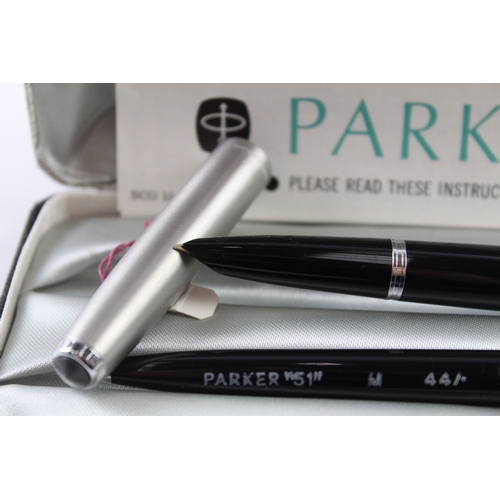 446 - Vintage Parker 51 Black Fountain Pen 14ct Gold Nib WRITING Boxed Chalk Mark