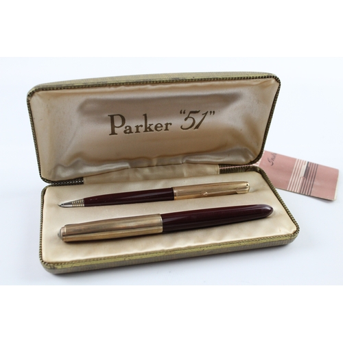 457 - Vintage Parker 51 Burgundy Fountain Pen 14ct Gold Nib WRITING Boxed