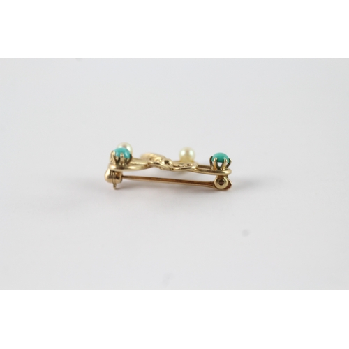 86 - 14ct gold turquoise and pearl brooch