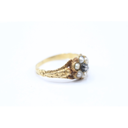 91 - 15ct gold diamond  and pearl posy ring (2g) Size K 1/2