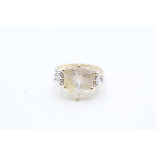 96 - 9ct gold rutilated quartz & white gemstone dress ring (3.4g)