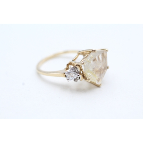 96 - 9ct gold rutilated quartz & white gemstone dress ring (3.4g)