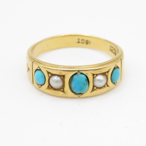 1 - 18ct Gold Turquoise and Seed Pearl Antique Ring (5.2g) Size O 1/2