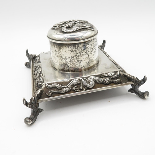 315 - Antique Stamped .900 WANG HING Chinese Silver Dragon Detailed Inkwell (167g)