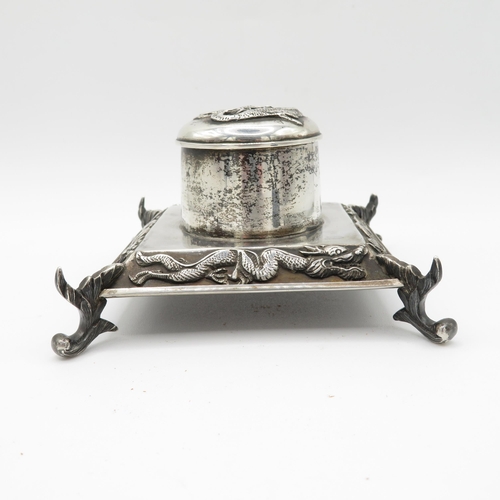 315 - Antique Stamped .900 WANG HING Chinese Silver Dragon Detailed Inkwell (167g)