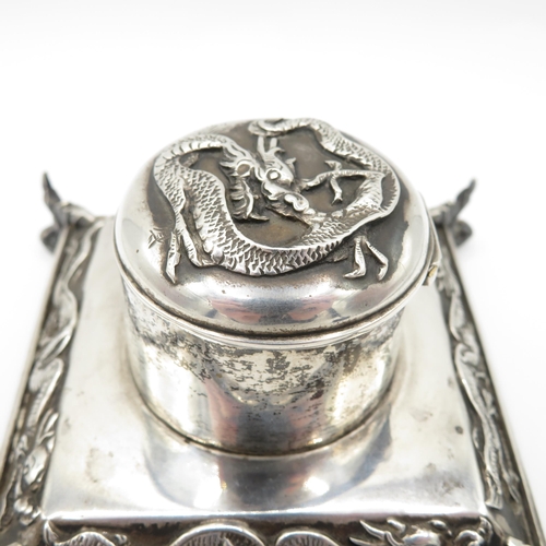 315 - Antique Stamped .900 WANG HING Chinese Silver Dragon Detailed Inkwell (167g)