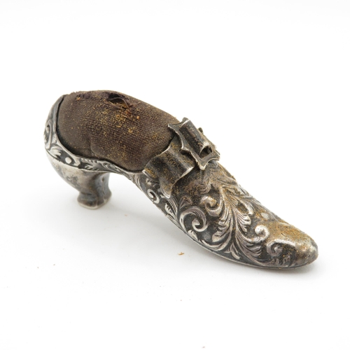 341 - Late Victorian 1901 Birmingham Sterling Silver Novelty Boot Pin Cushion (17g)