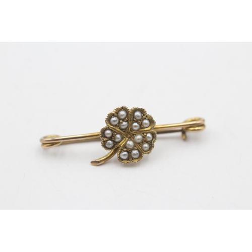 100 - 9ct gold split pearl shamrock brooch (1.4g)