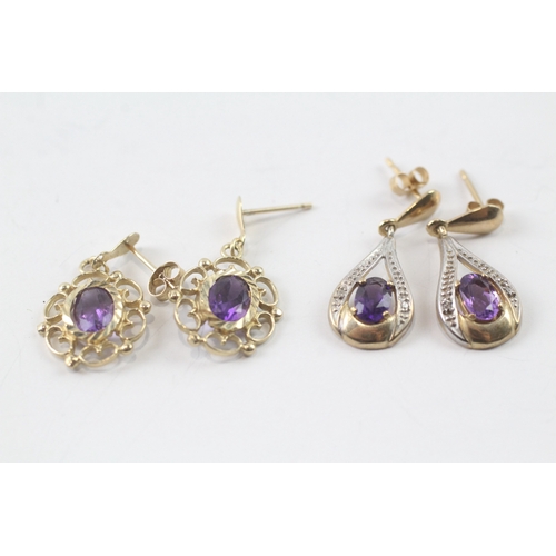 109 - 2x 9ct gold amethyst drop earrings (3.7g)