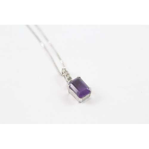 11 - 9ct white gold amethyst and diamond pendant on chain (1.6g)